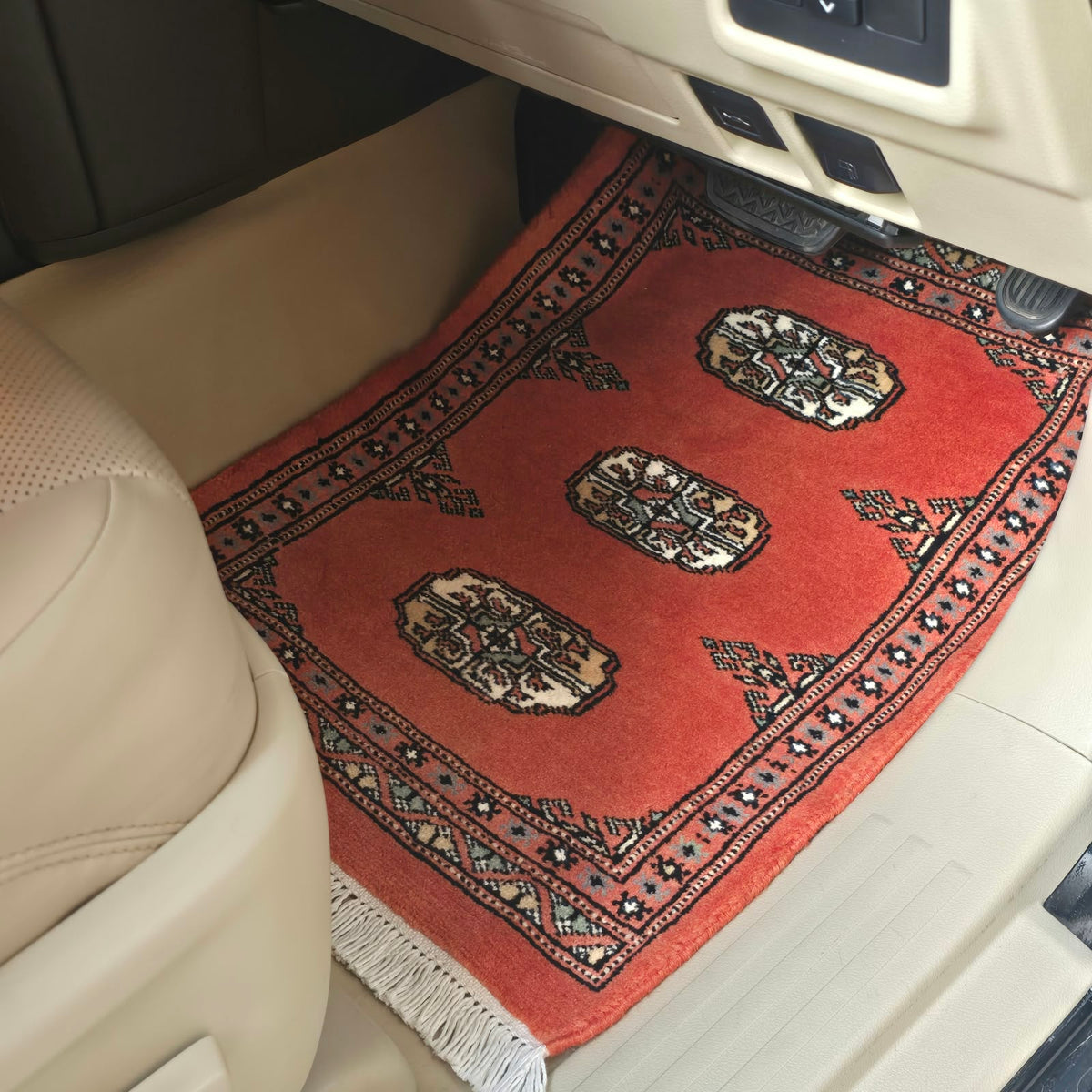 Red Geometric Elephant Foot Car Mat | Handmade Cotton & Wool