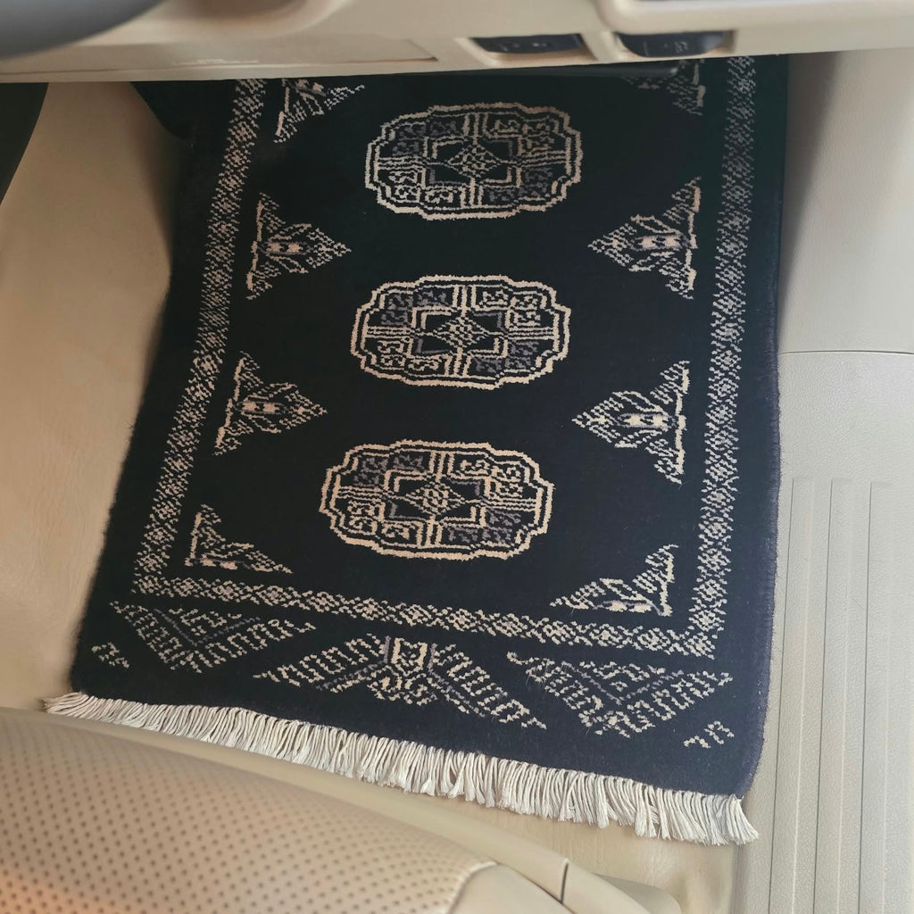 Black Artisan Geometric Elephant Foot Car Mat | Handmade Cotton & Wool