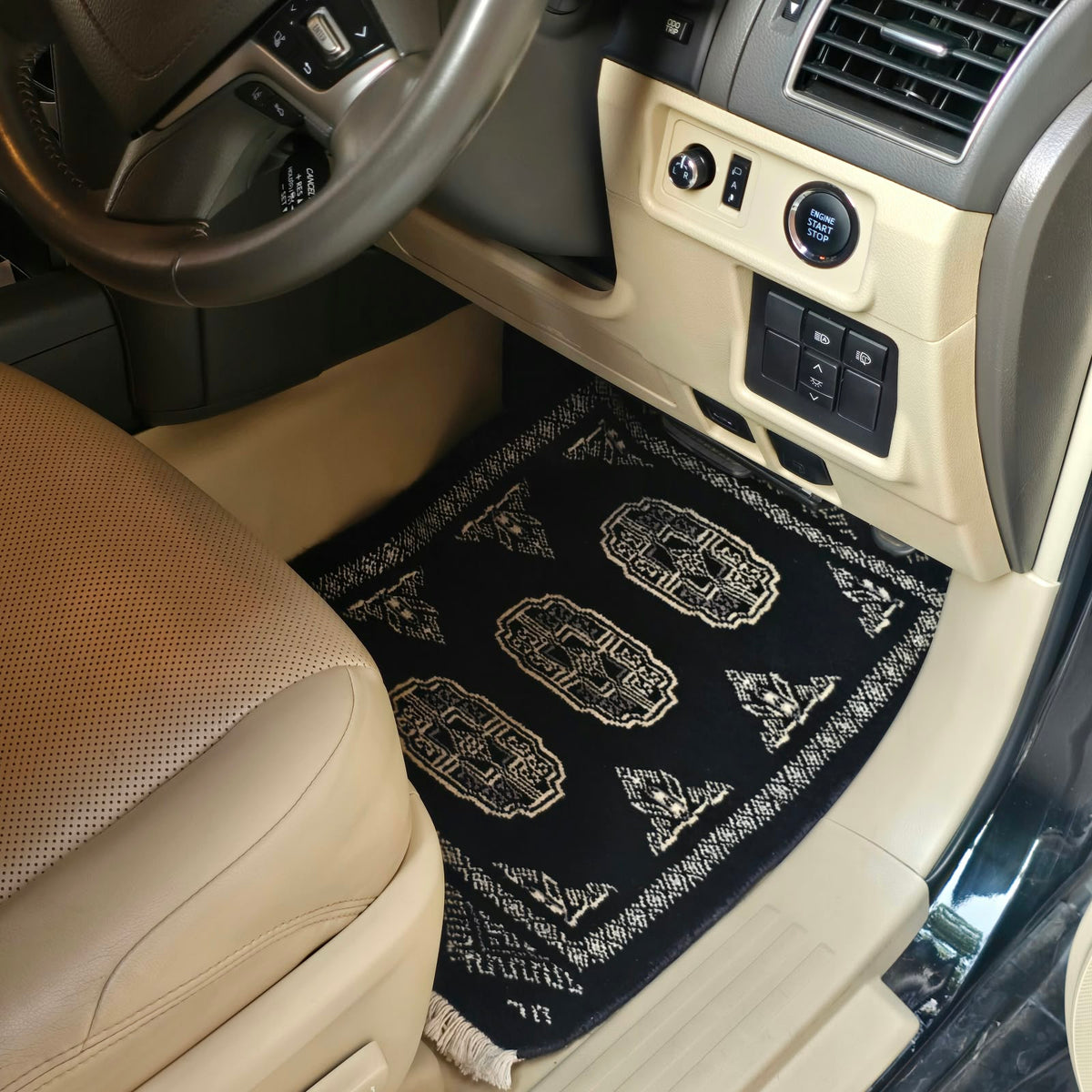 Black Artisan Geometric Elephant Foot Car Mat | Handmade Cotton & Wool