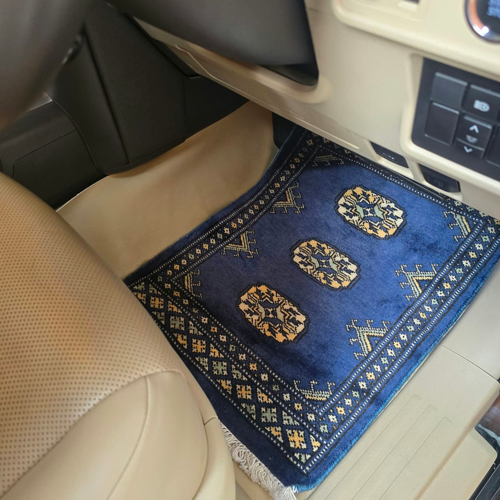 Royal blue cotton wool car mat with golden geometric elephant foot pattern