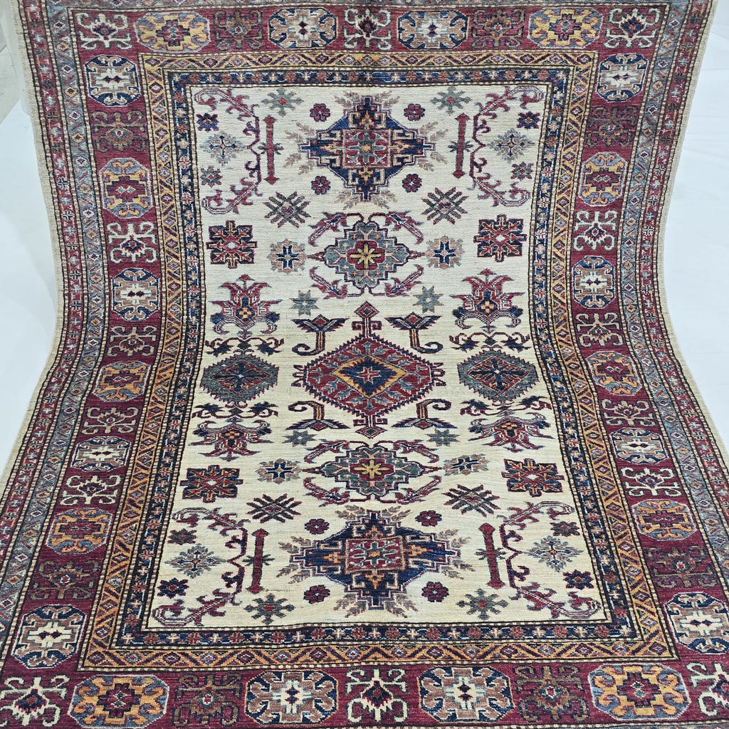 5x7 Beige Super Kazak Geometrical Handmade Cotton & Wool Rug | Premium Luxury Area Rug