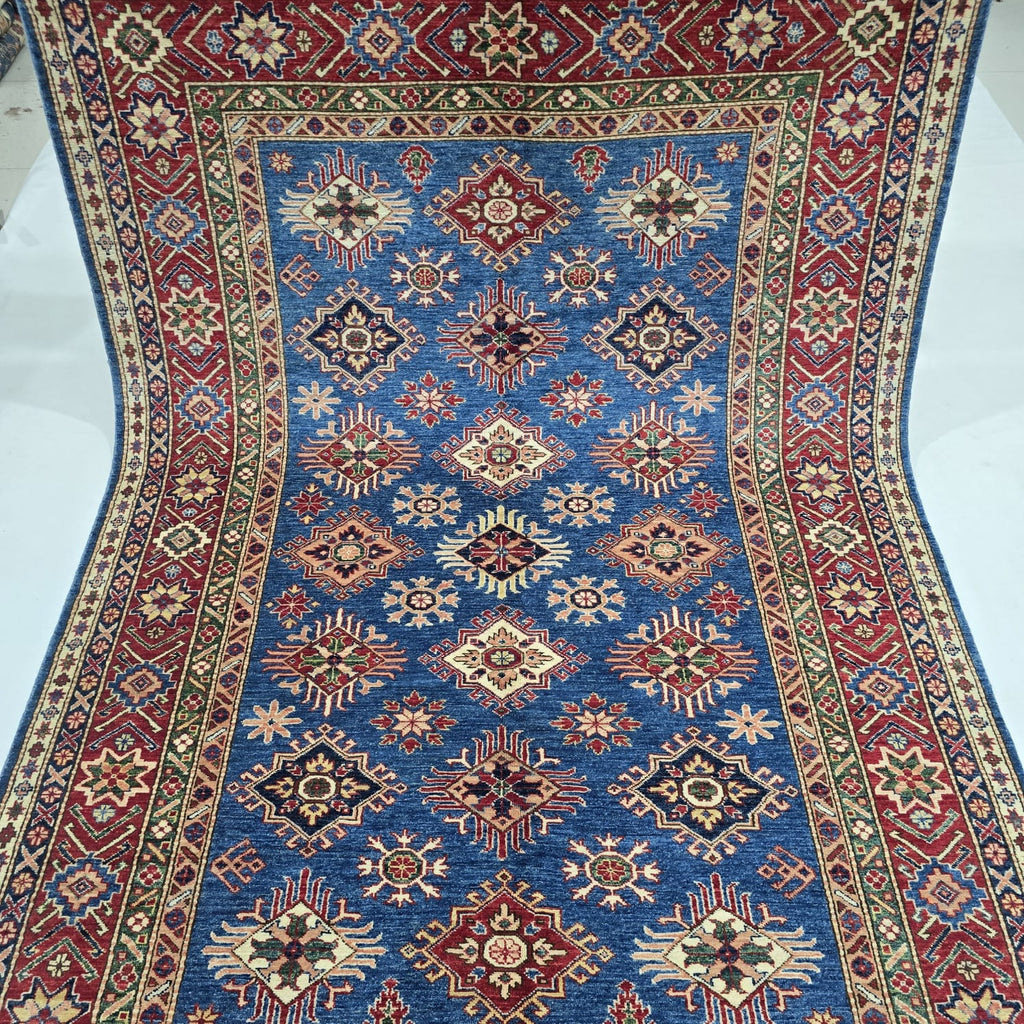 6x9 Blue Super Kazak Geometric Handmade Cotton & Wool Rug | Luxury Area Rug