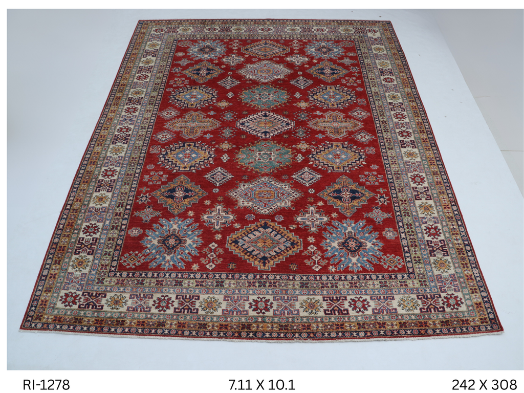 Red and beige Super Kazak handmade geometric cotton and wool rug