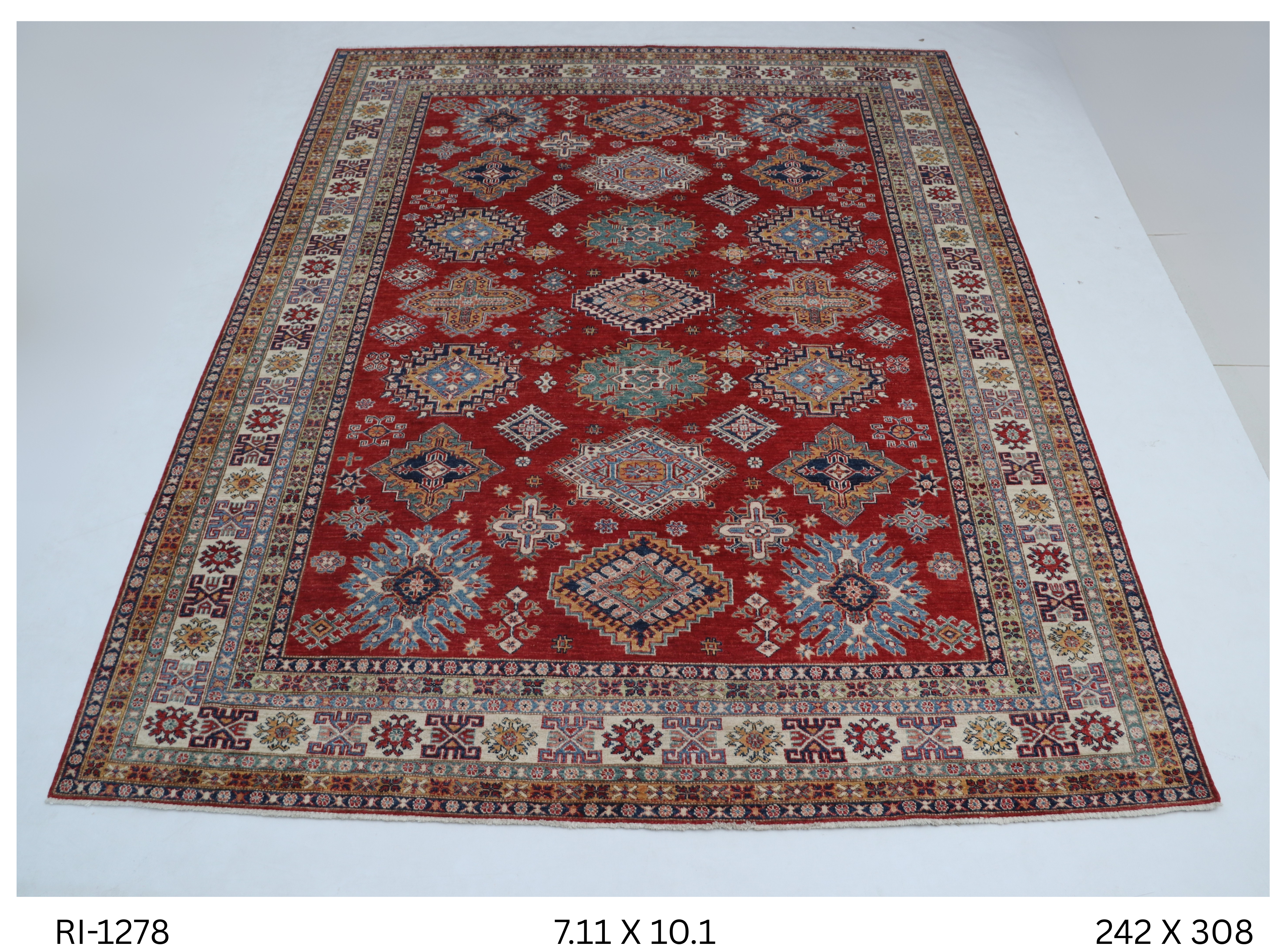 Red and beige Super Kazak handmade geometric cotton and wool rug