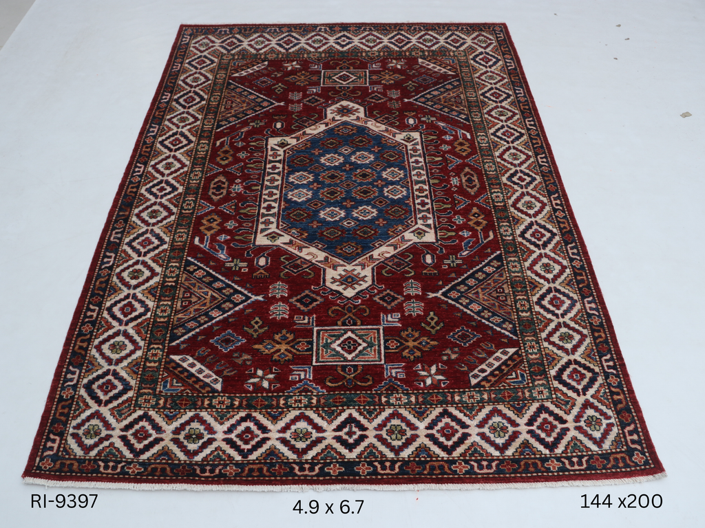 Beige and red Super Kazak handmade geometric cotton and wool rug