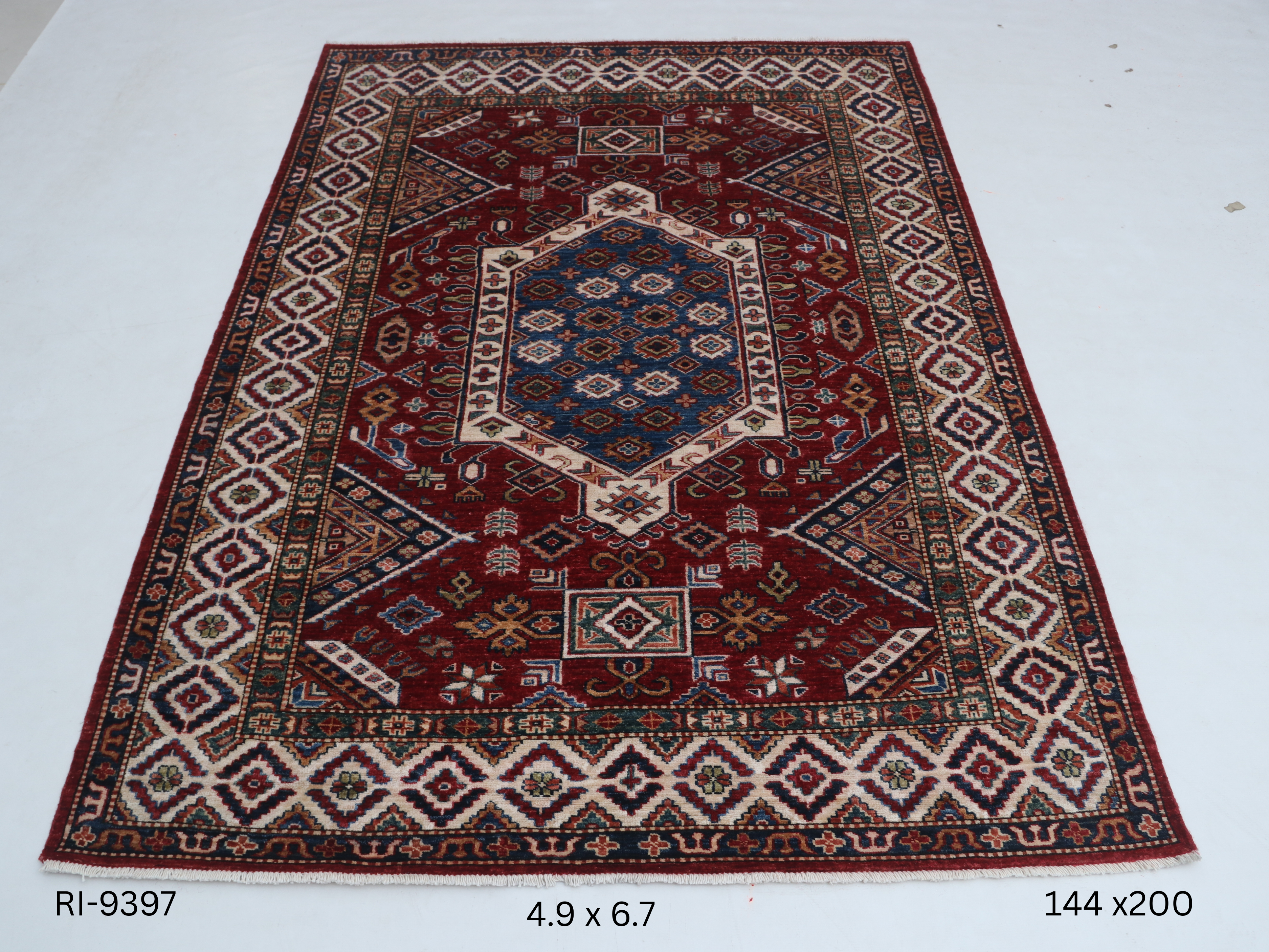 Beige and red Super Kazak handmade geometric cotton and wool rug