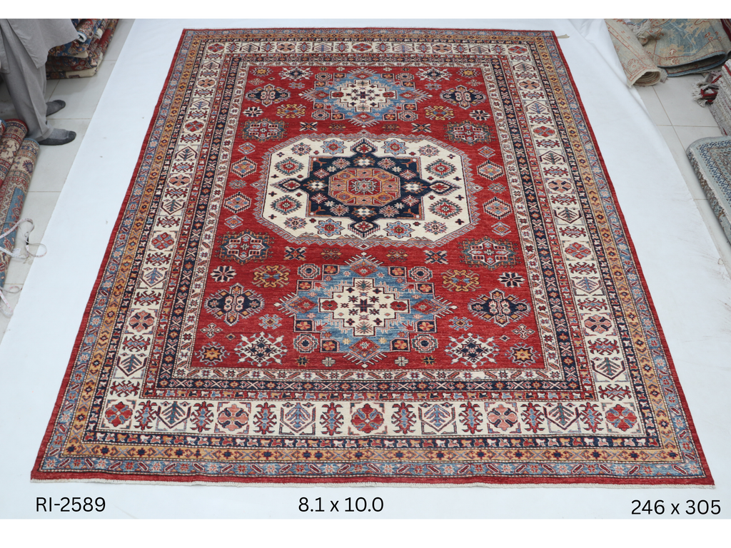 8x10 Super Kazak Handmade Cotton Wool Geometric Area Rug with Vegetable Dyeing