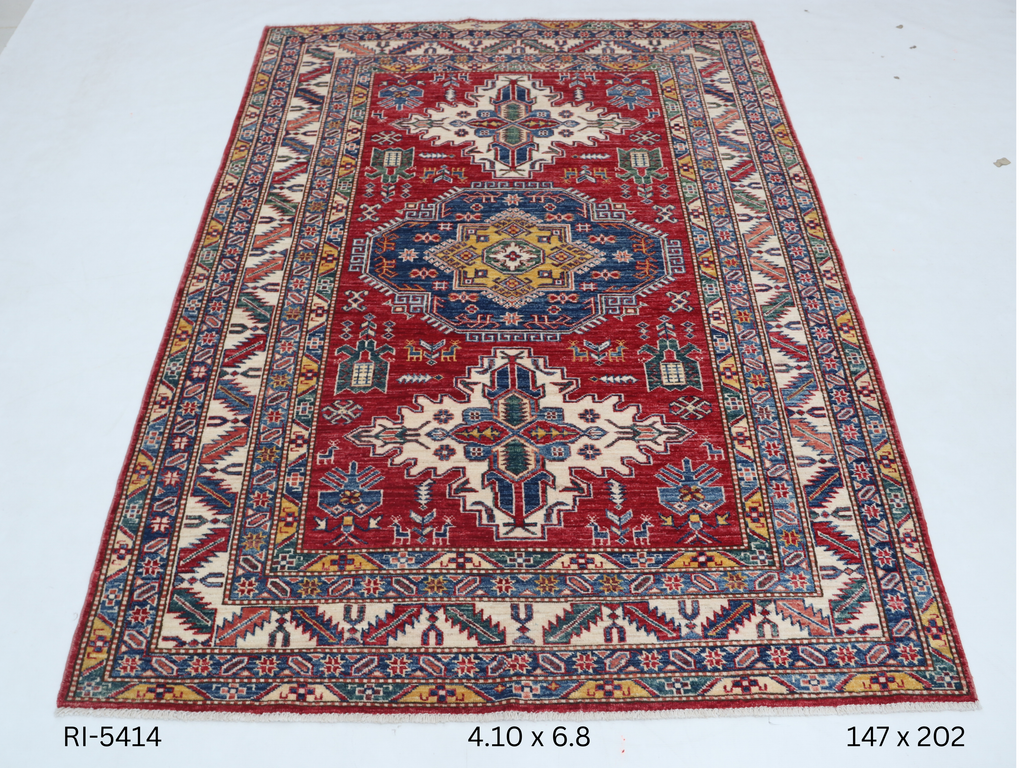 Beige and red Super Kazak handmade geometric cotton and wool rug