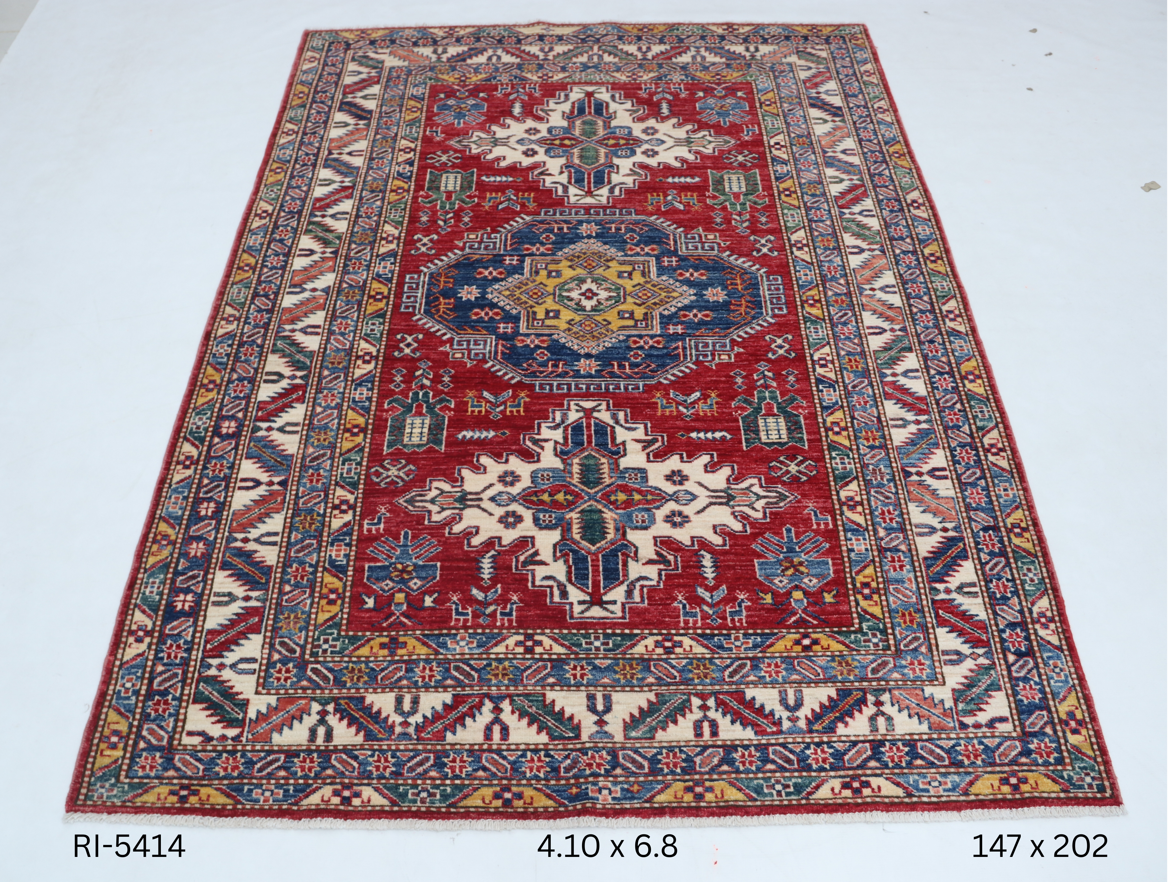 Beige and red Super Kazak handmade geometric cotton and wool rug