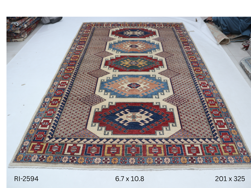 Beige and red Super Kazak handmade geometric cotton and wool rug