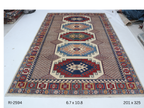 Beige and red Super Kazak handmade geometric cotton and wool rug