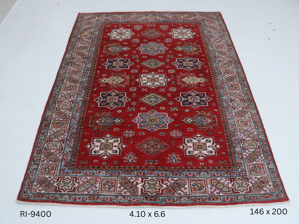Beige and red Super Kazak handmade geometric cotton and wool rug