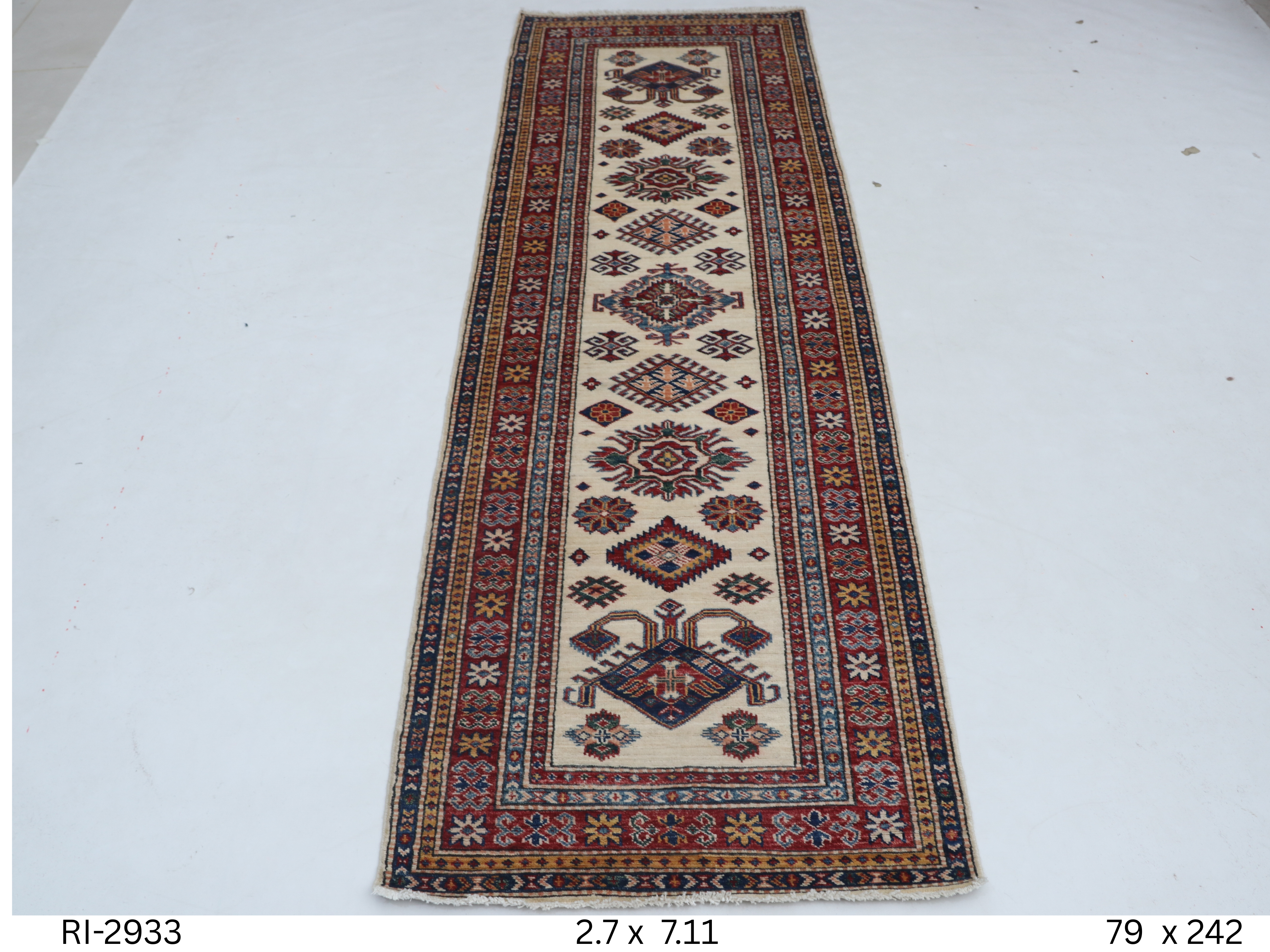 3x8 Beige & Red Super Kazak Geometric Handmade Cotton & Wool Runner Rug | Premium Luxury Runner Rug