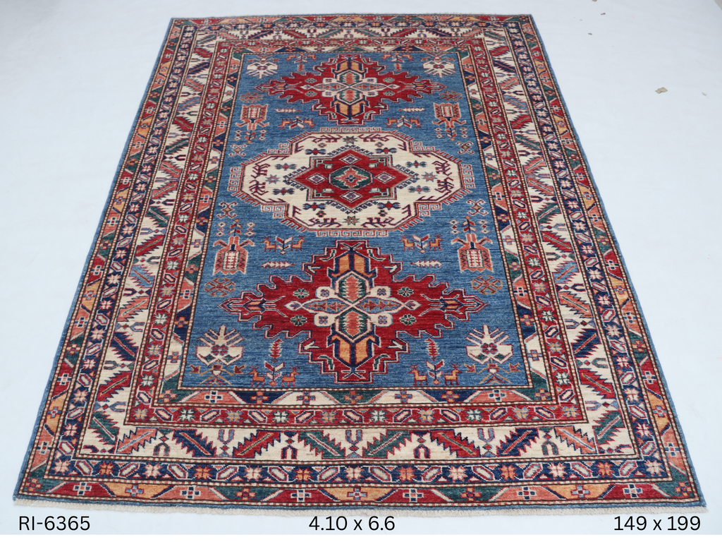 Beige and blue Super Kazak handmade geometric cotton and wool rug