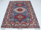 Beige and blue Super Kazak handmade geometric cotton and wool rug