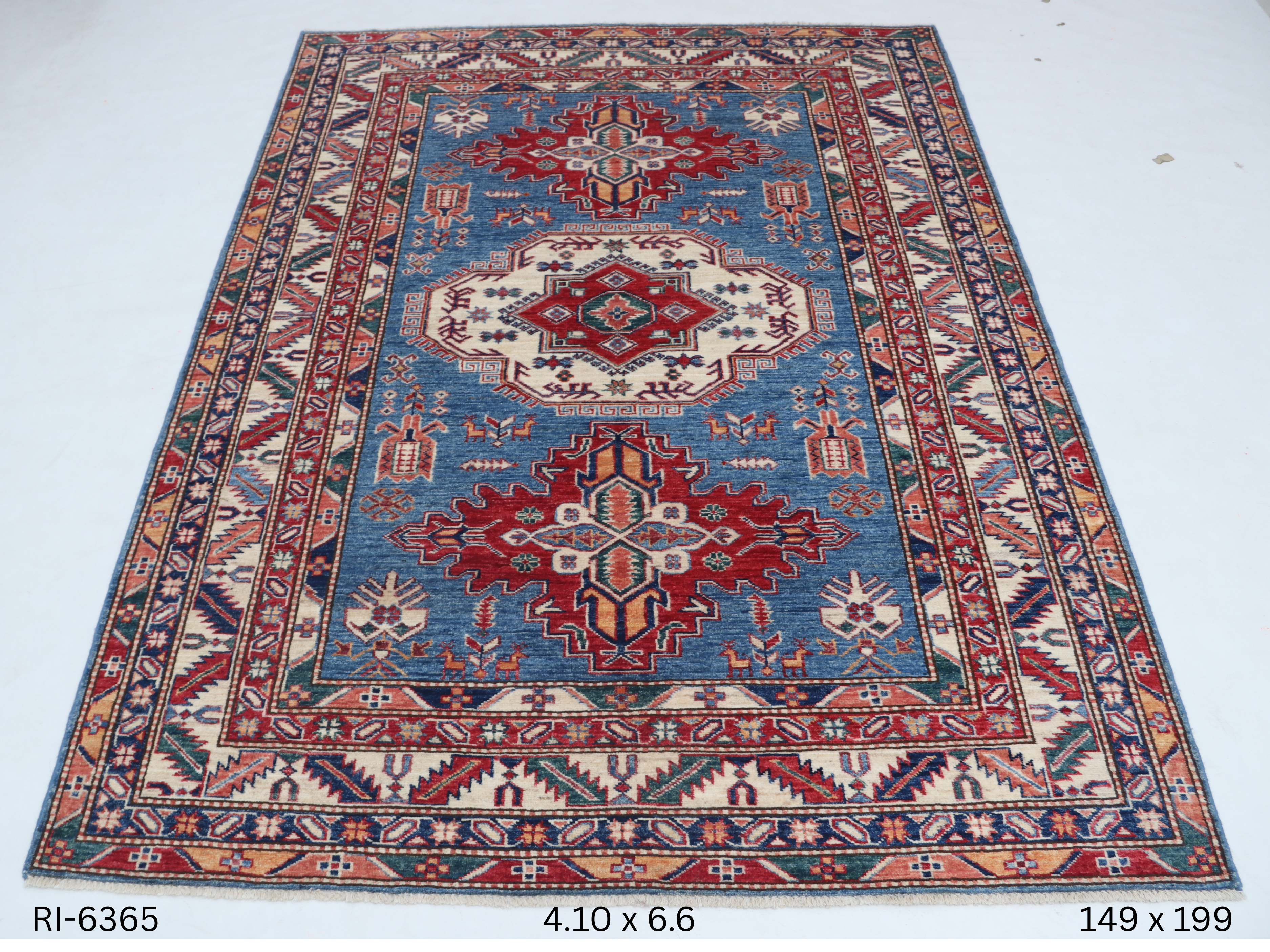 Beige and blue Super Kazak handmade geometric cotton and wool rug