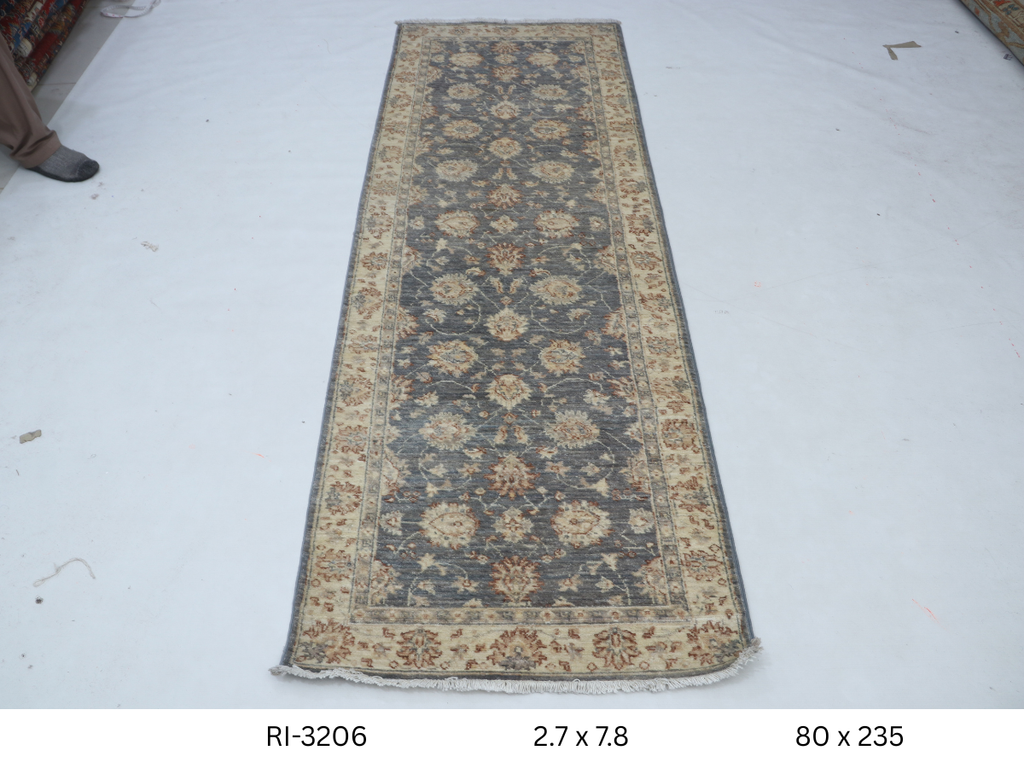 3x8 Beige and Gray Chobi Handmade Wool Cotton Floral Runner Rug