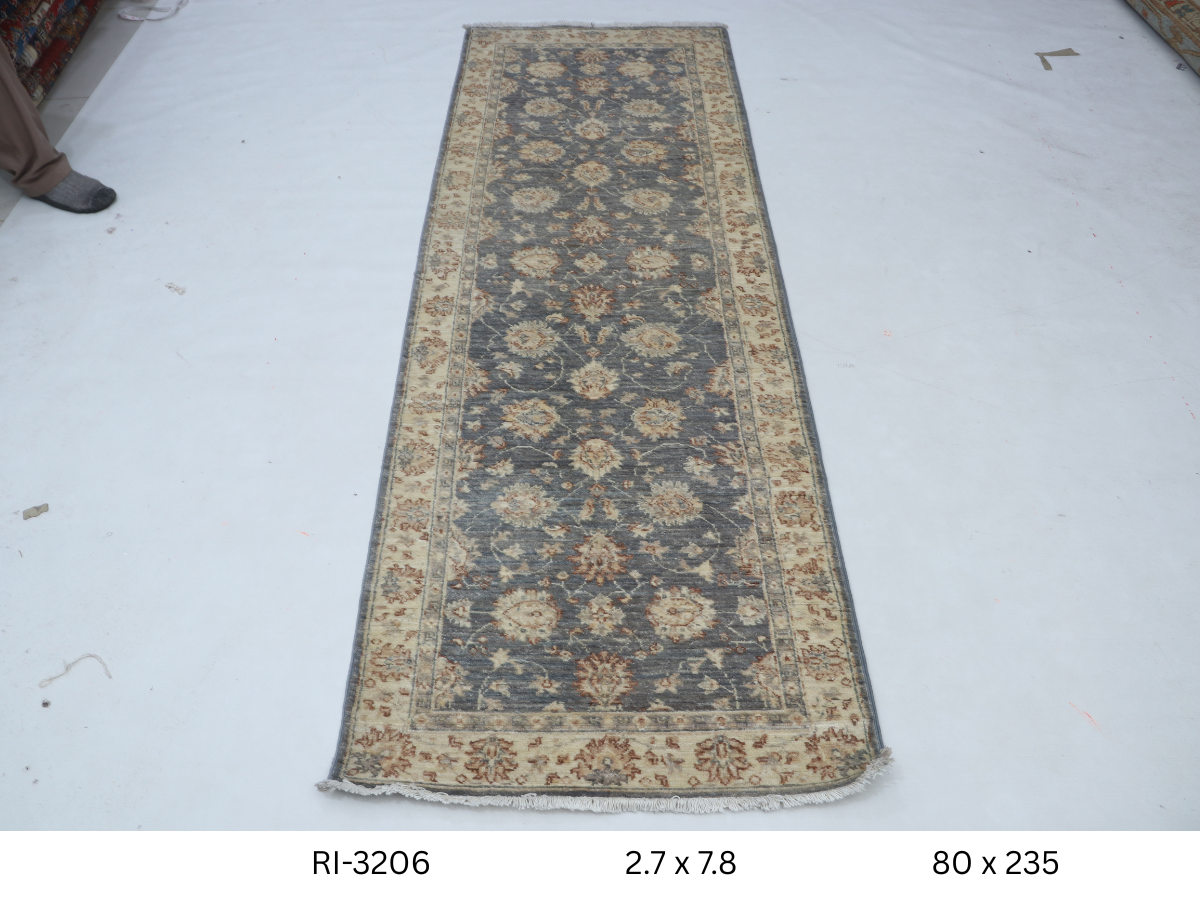 3x8 Beige and Gray Chobi Handmade Wool Cotton Floral Runner Rug