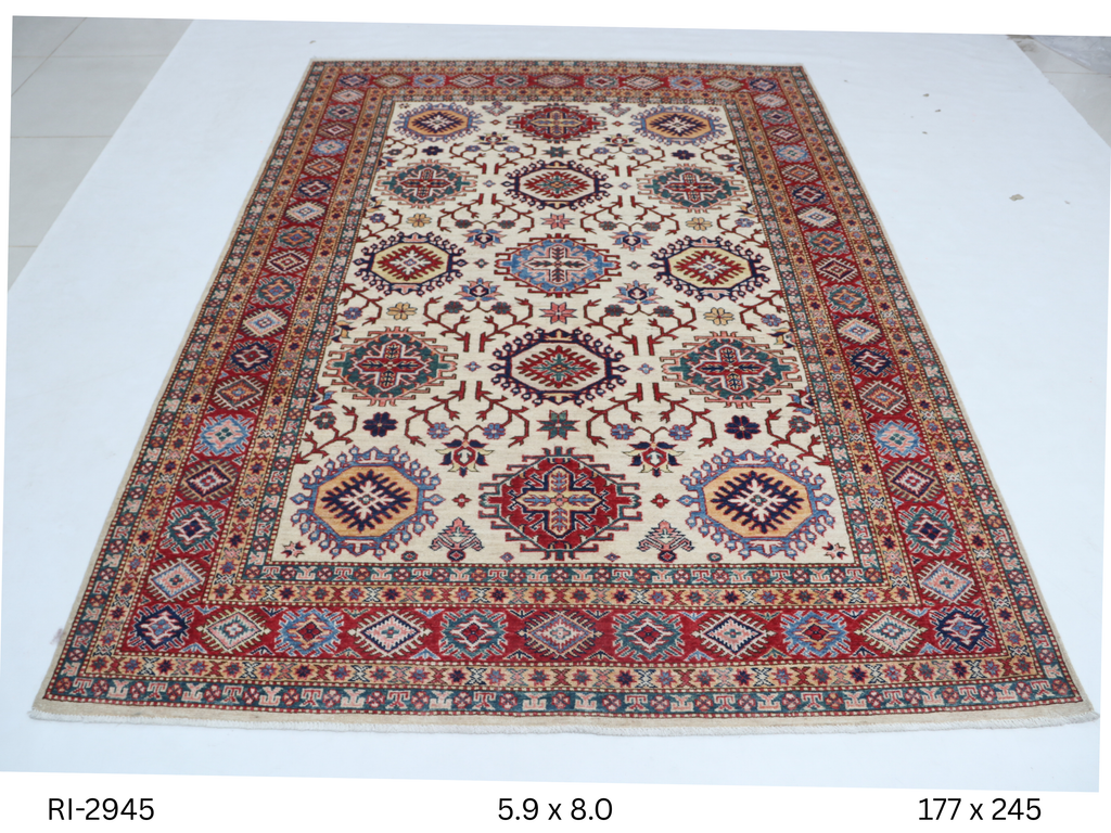 Beige and red Super Kazak handmade geometric cotton and wool rug