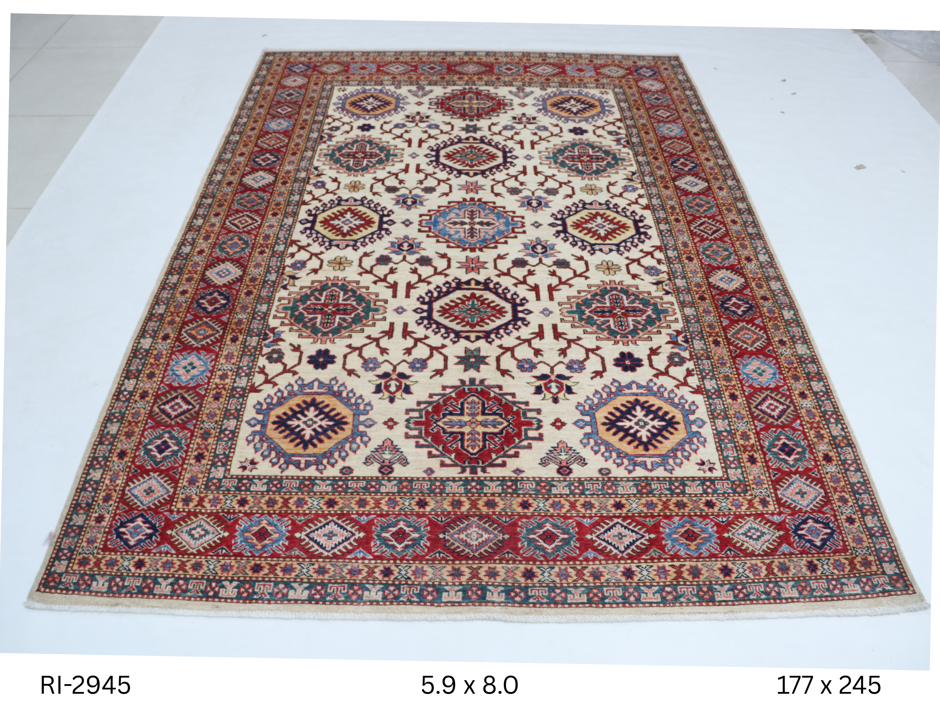 Beige and red Super Kazak handmade geometric cotton and wool rug