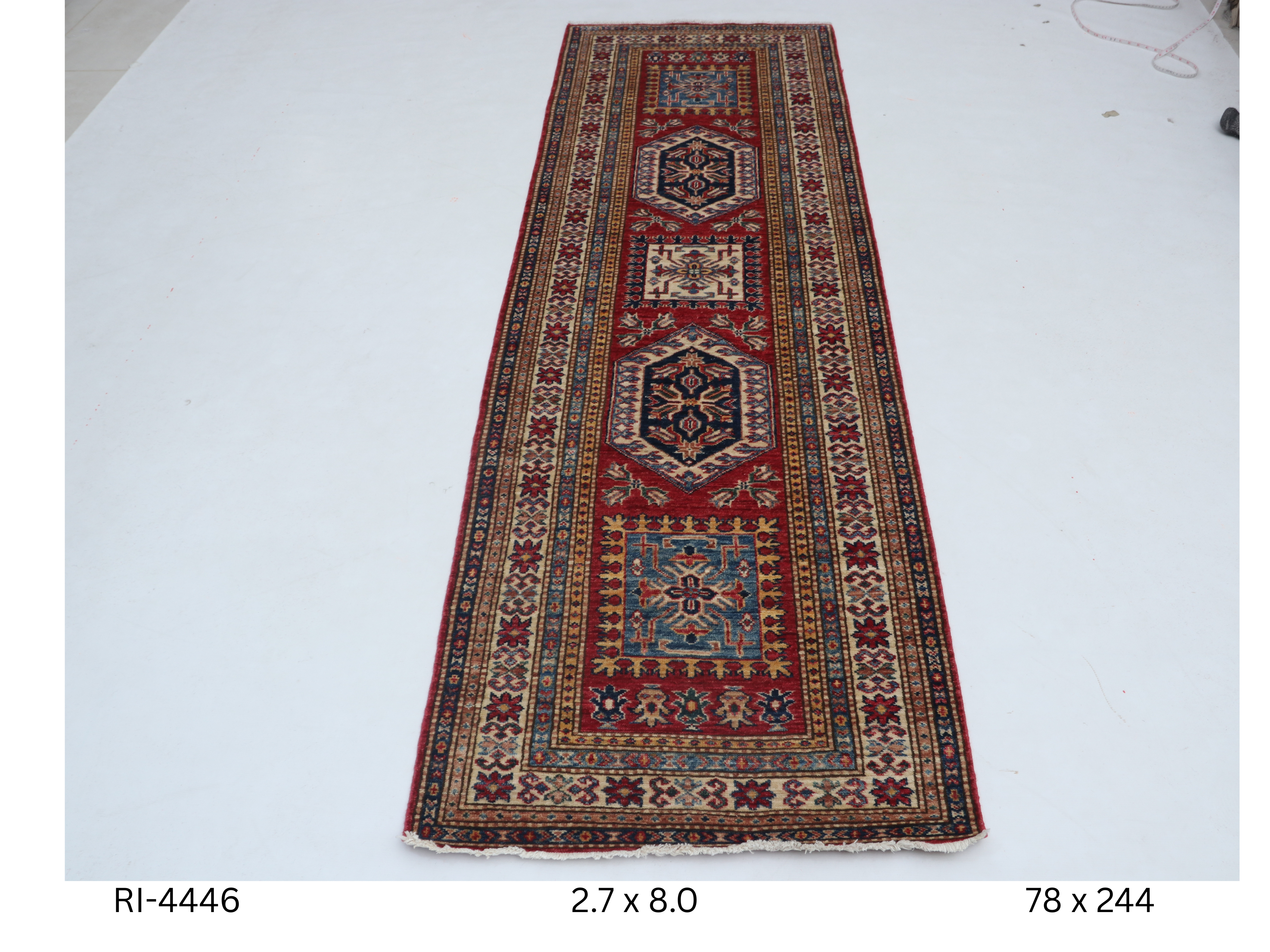 Beige and red Super Kazak handmade geometric cotton and wool runner rug