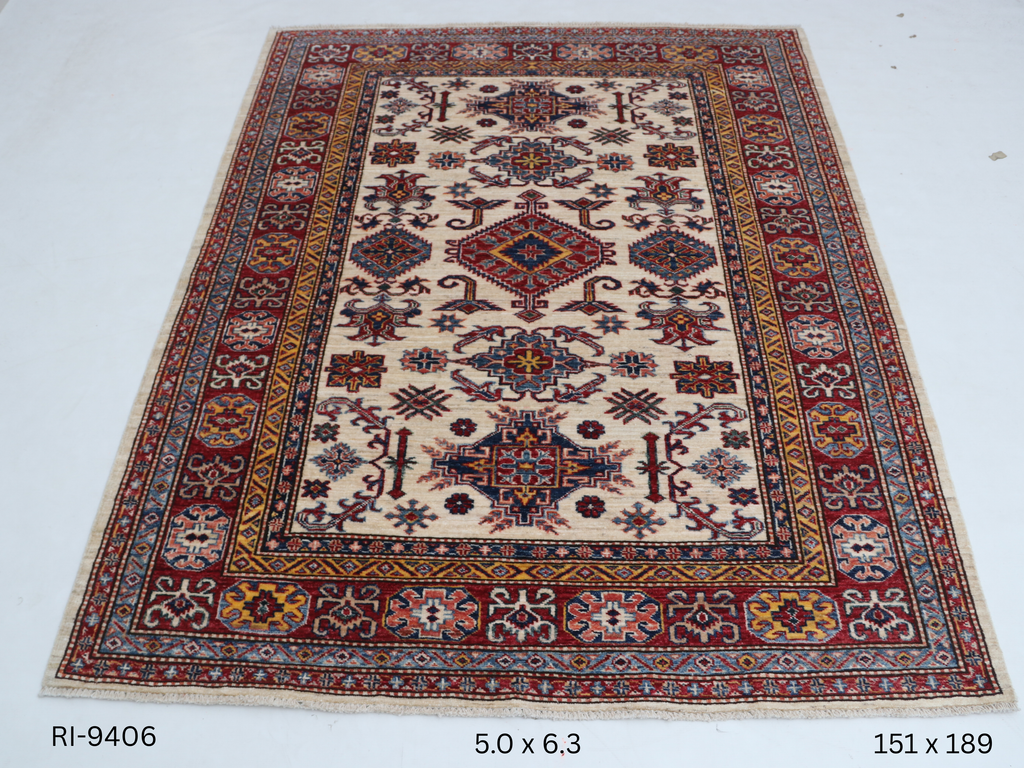 5x6 Beige and Red Super Kazak Geometric Handmade Cotton & Wool Rug