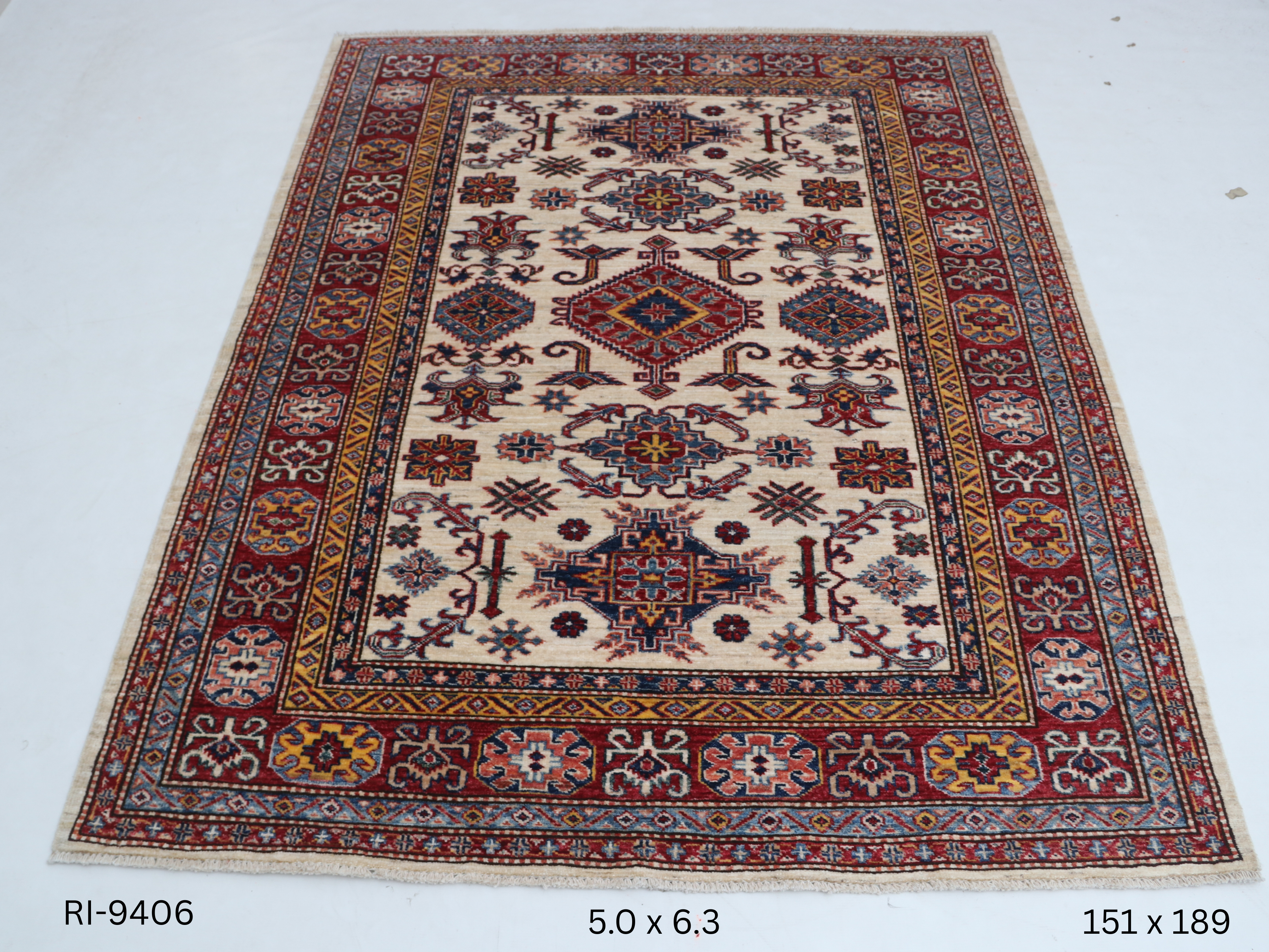 5x6 Beige and Red Super Kazak Geometric Handmade Cotton & Wool Rug