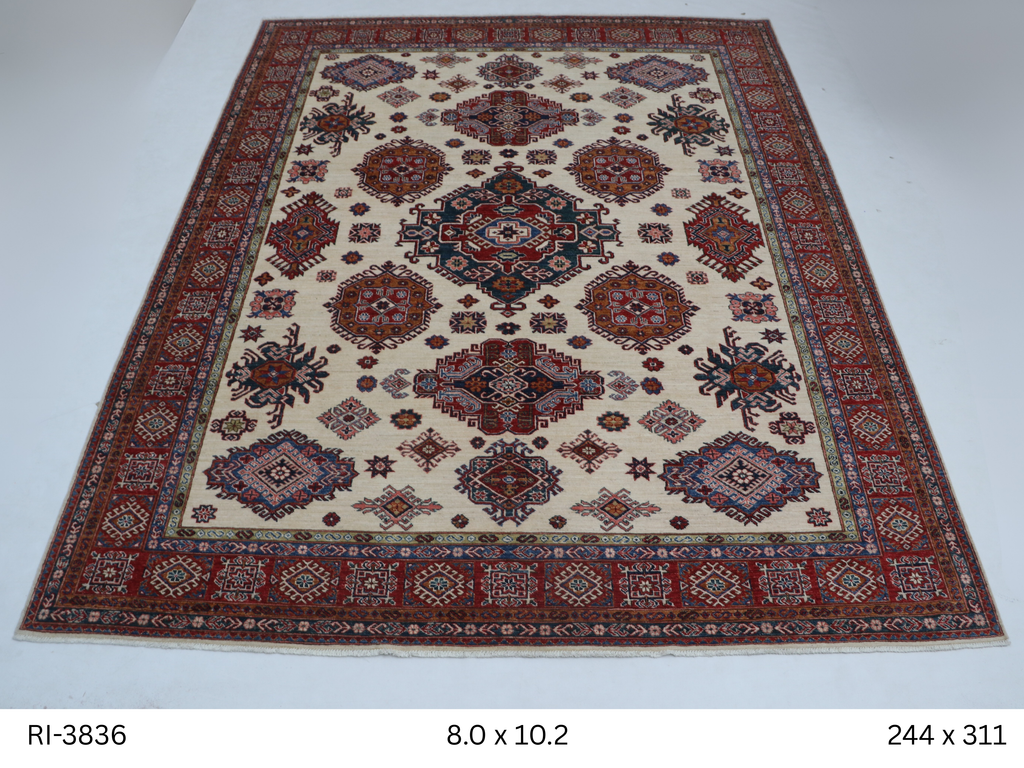 Beige and red Super Kazak handmade geometric cotton and wool rug