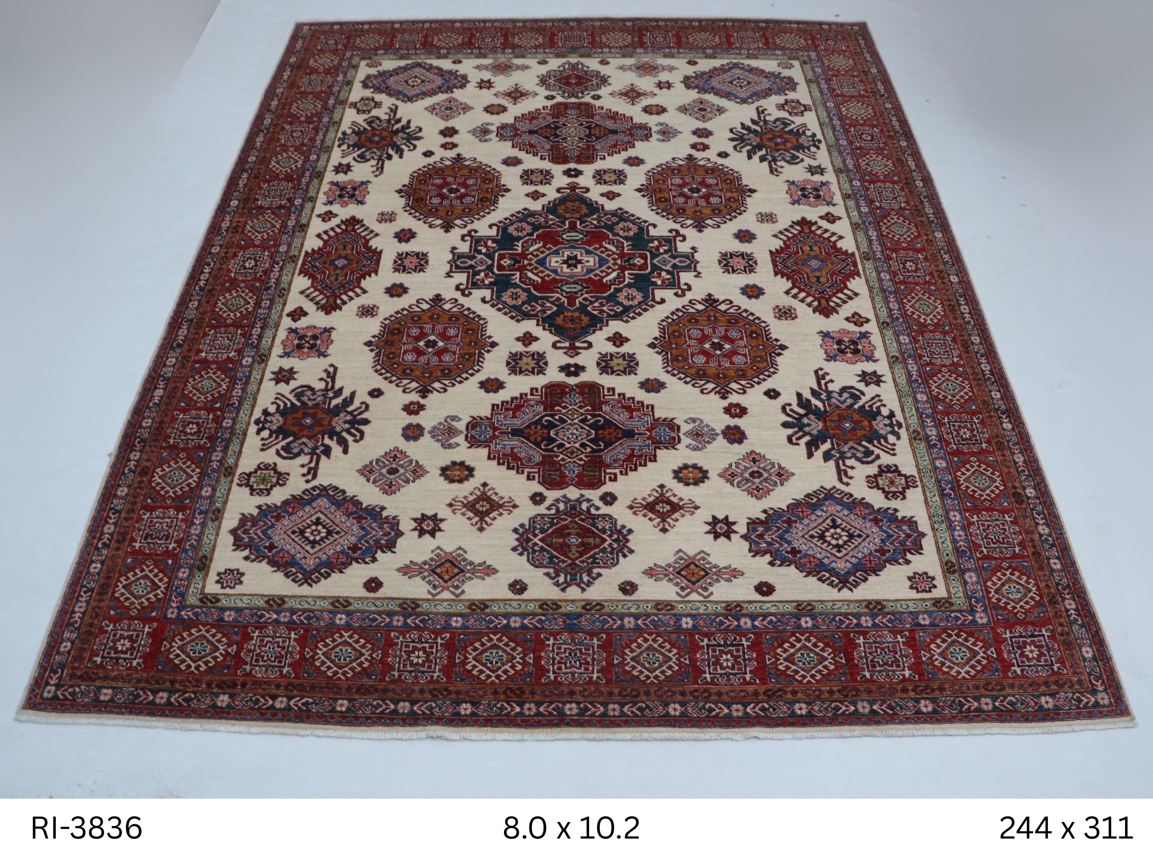 Beige and red Super Kazak handmade geometric cotton and wool rug