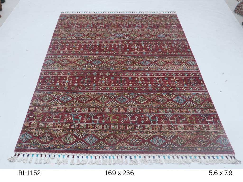 5x8 Red Khurjeen Handmade Wool Cotton Rainbow Area Rug