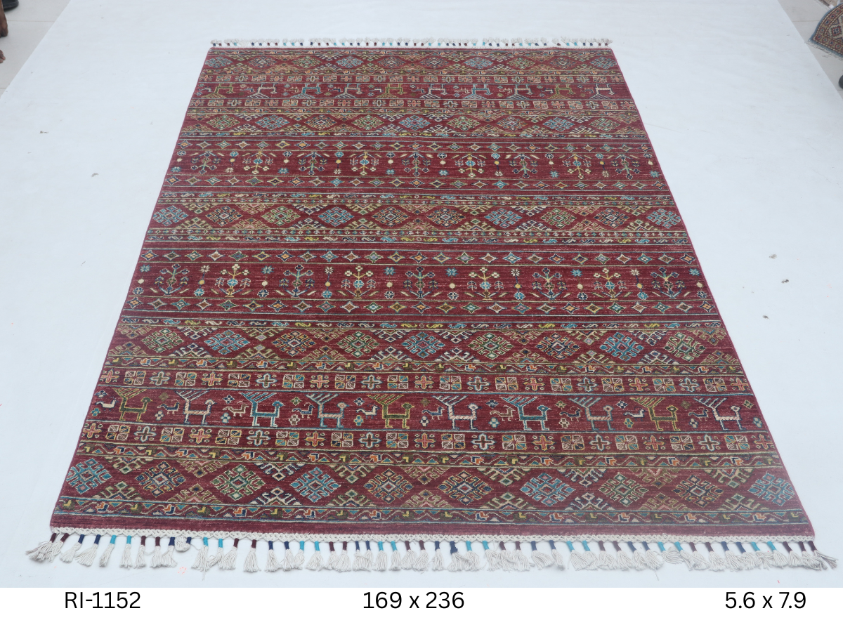 5x8 Red Khurjeen Handmade Wool Cotton Rainbow Area Rug