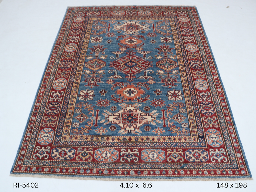 Blue and red Super Kazak handmade geometric cotton and wool rug