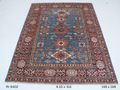 Blue and red Super Kazak handmade geometric cotton and wool rug