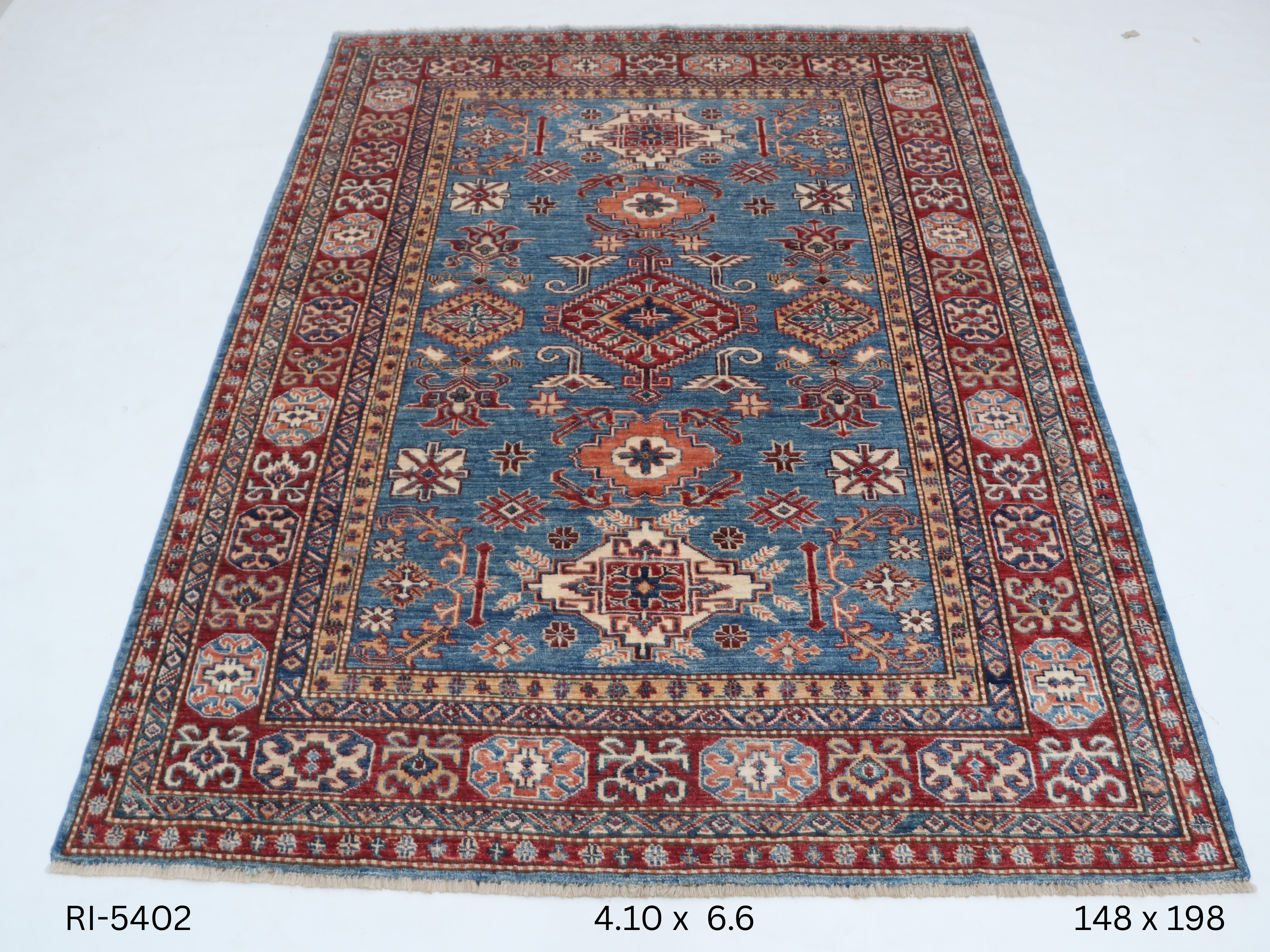 Blue and red Super Kazak handmade geometric cotton and wool rug