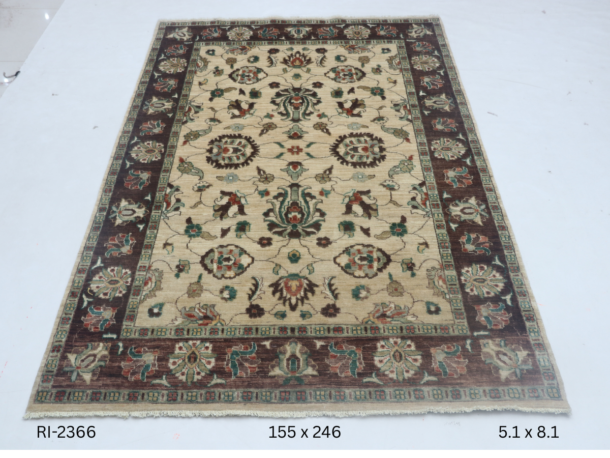5x8 Beige and Brown Chobi Handmade Wool Cotton Floral Area Rug