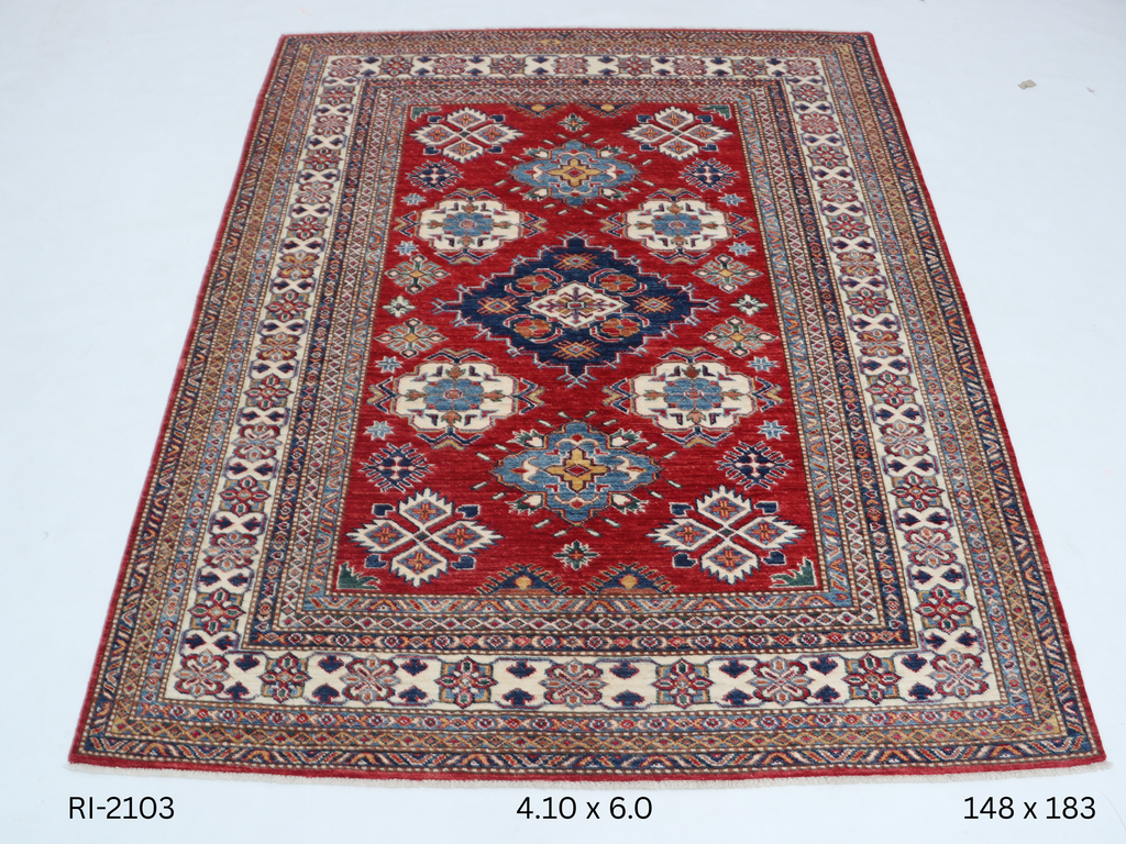 Red and beige Super Kazak handmade geometric cotton and wool rug