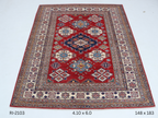 Red and beige Super Kazak handmade geometric cotton and wool rug