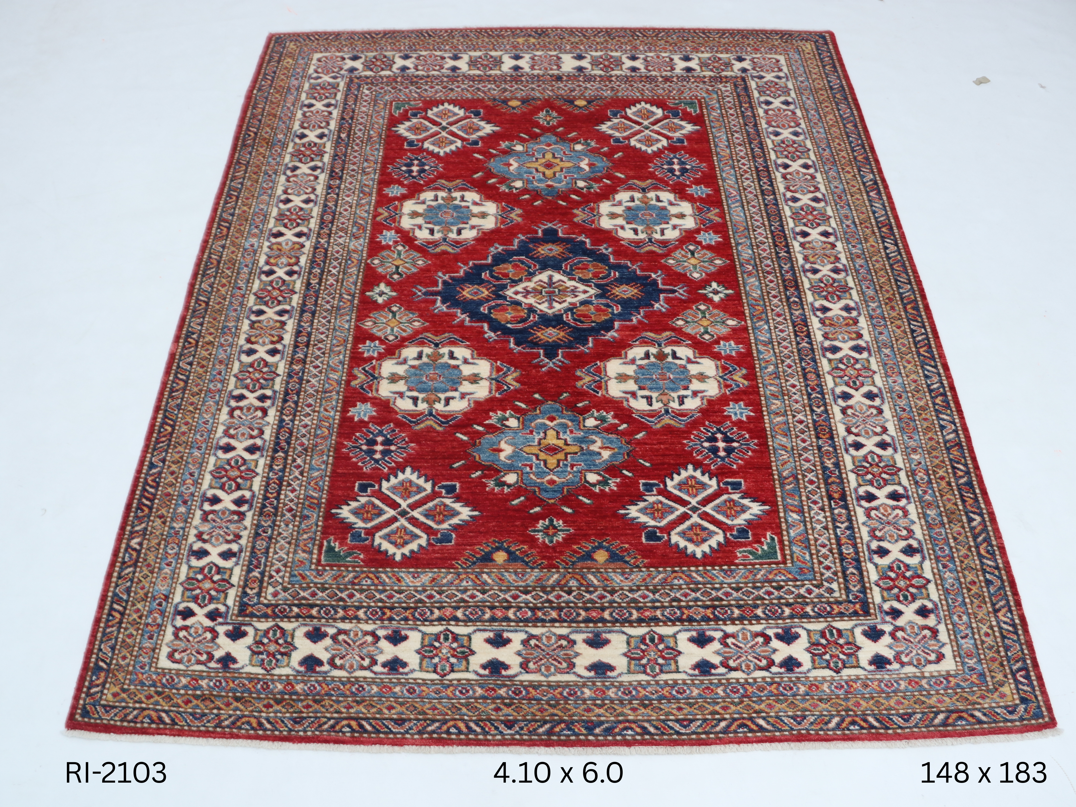 Red and beige Super Kazak handmade geometric cotton and wool rug