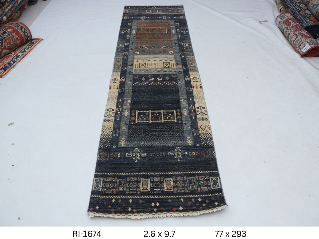 2x10 Black and Multi-Color Khurjeen Handmade Wool Cotton Rainbow Runner Rug