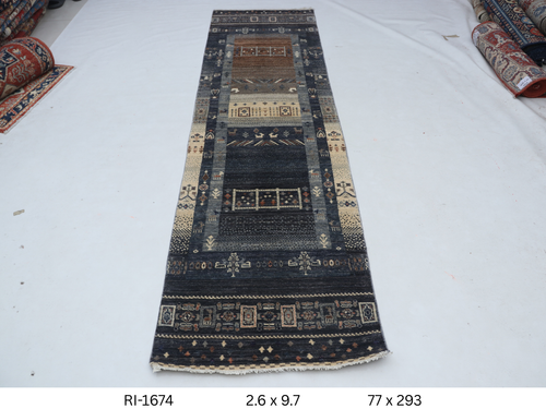 2x10 Black and Multi-Color Khurjeen Handmade Wool Cotton Rainbow Runner Rug