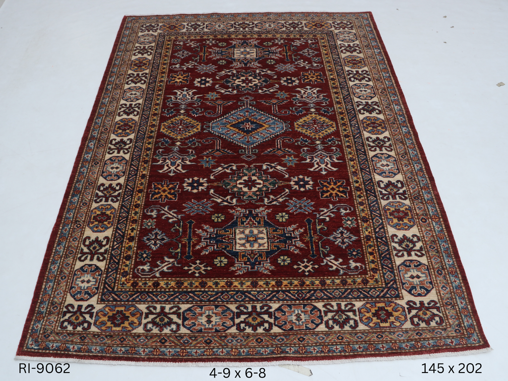 5x7 Beige and Red Super Kazak Handmade Wool Cotton Geometric Area Rug
