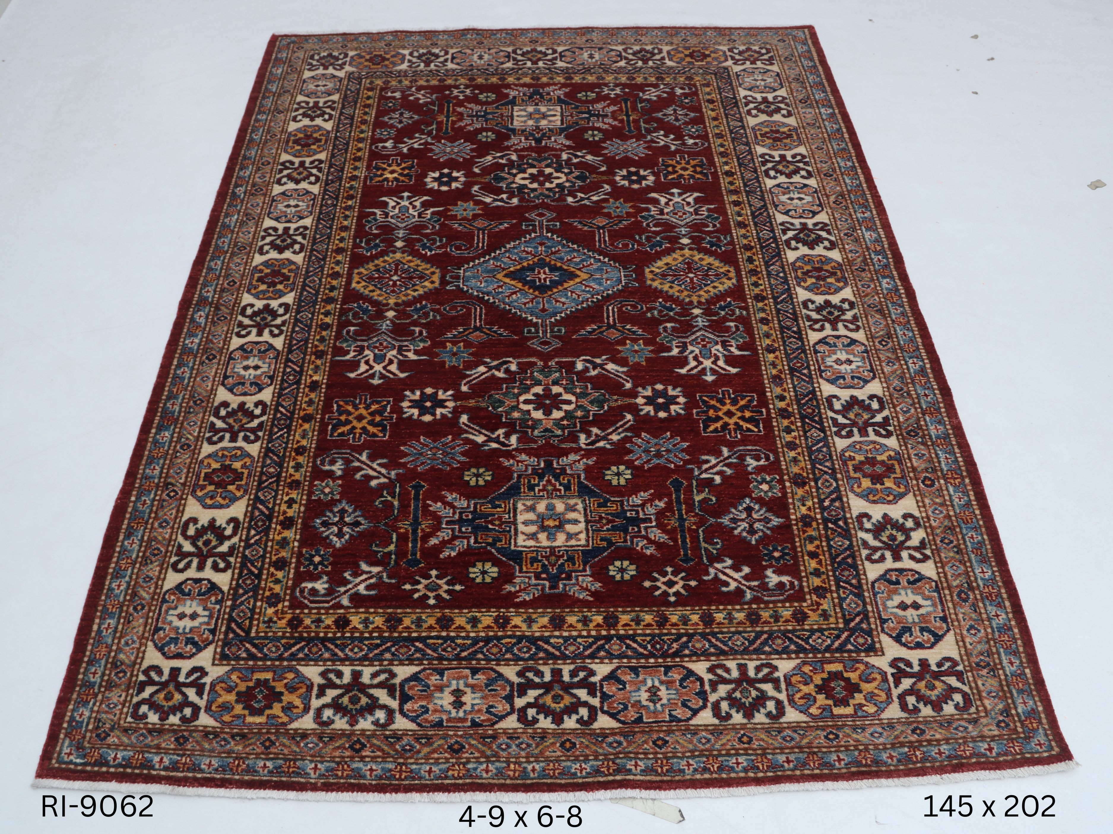 5x7 Beige and Red Super Kazak Handmade Wool Cotton Geometric Area Rug