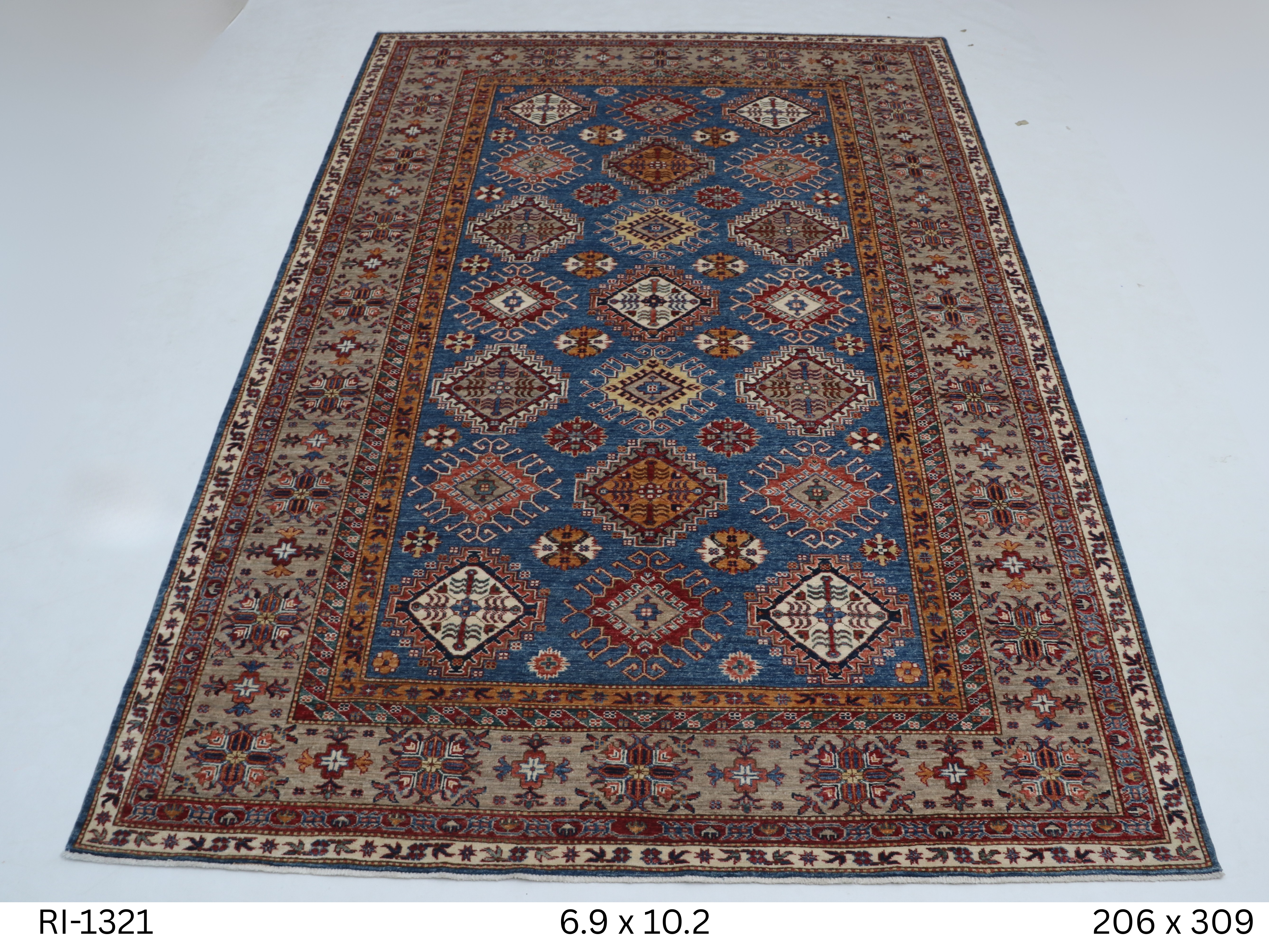 Blue and gray Super Kazak handmade geometric cotton and wool rug