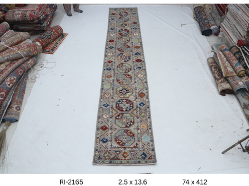 Gray Chobi handmade floral cotton and wool runner rug
