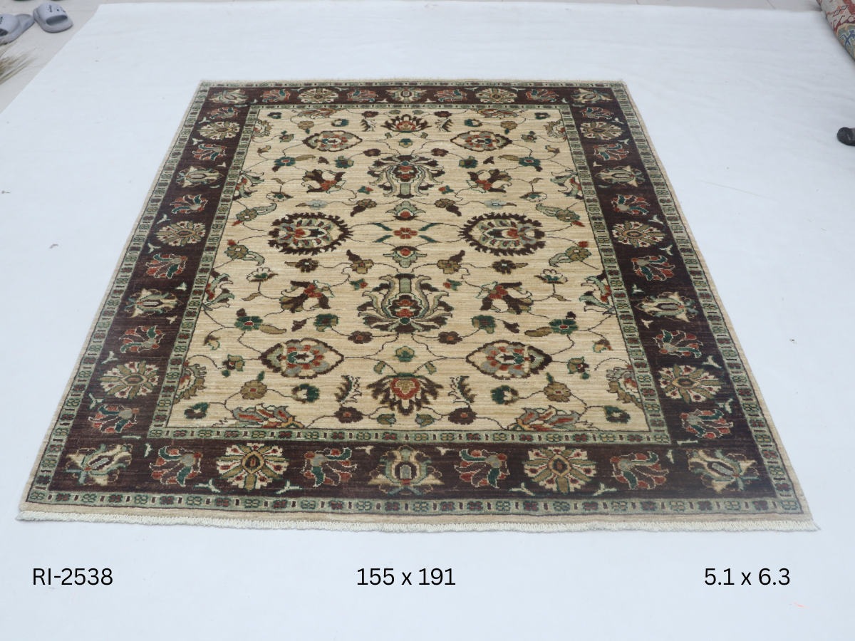 5x6 Beige and Brown Chobi Handmade Wool Cotton Floral Area Rug