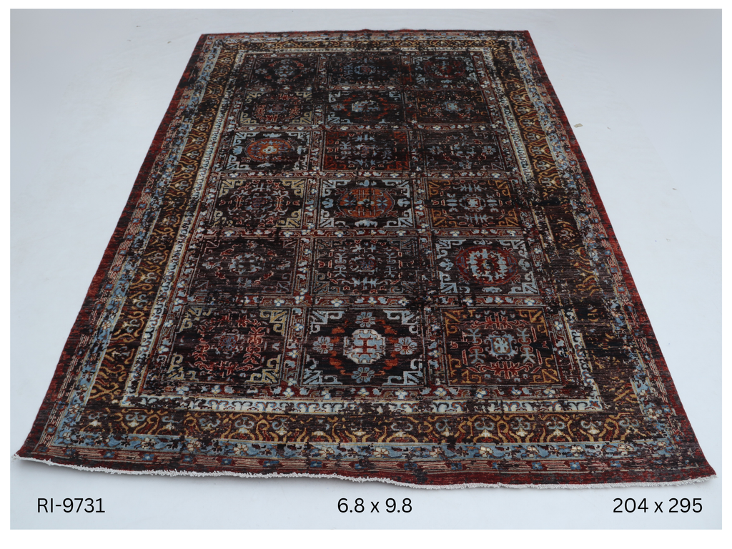 7x10 Brown Chobi Handmade Wool Cotton Floral Rug with Vegetable Dyeing
