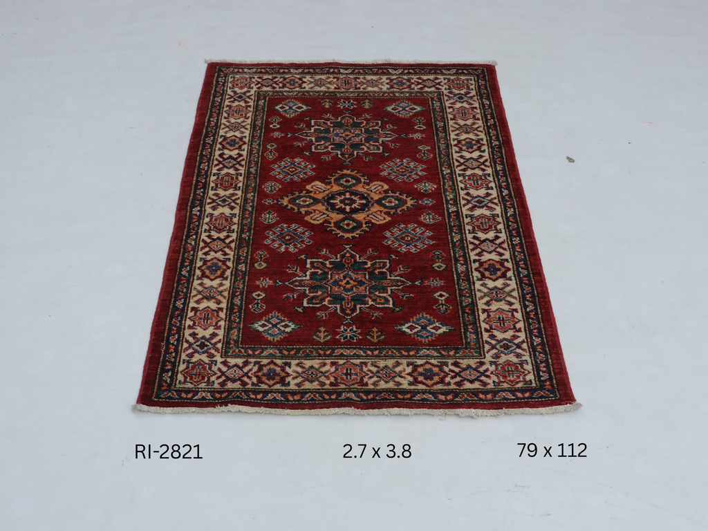 Red and beige Super Kazak handmade geometric cotton and wool rug