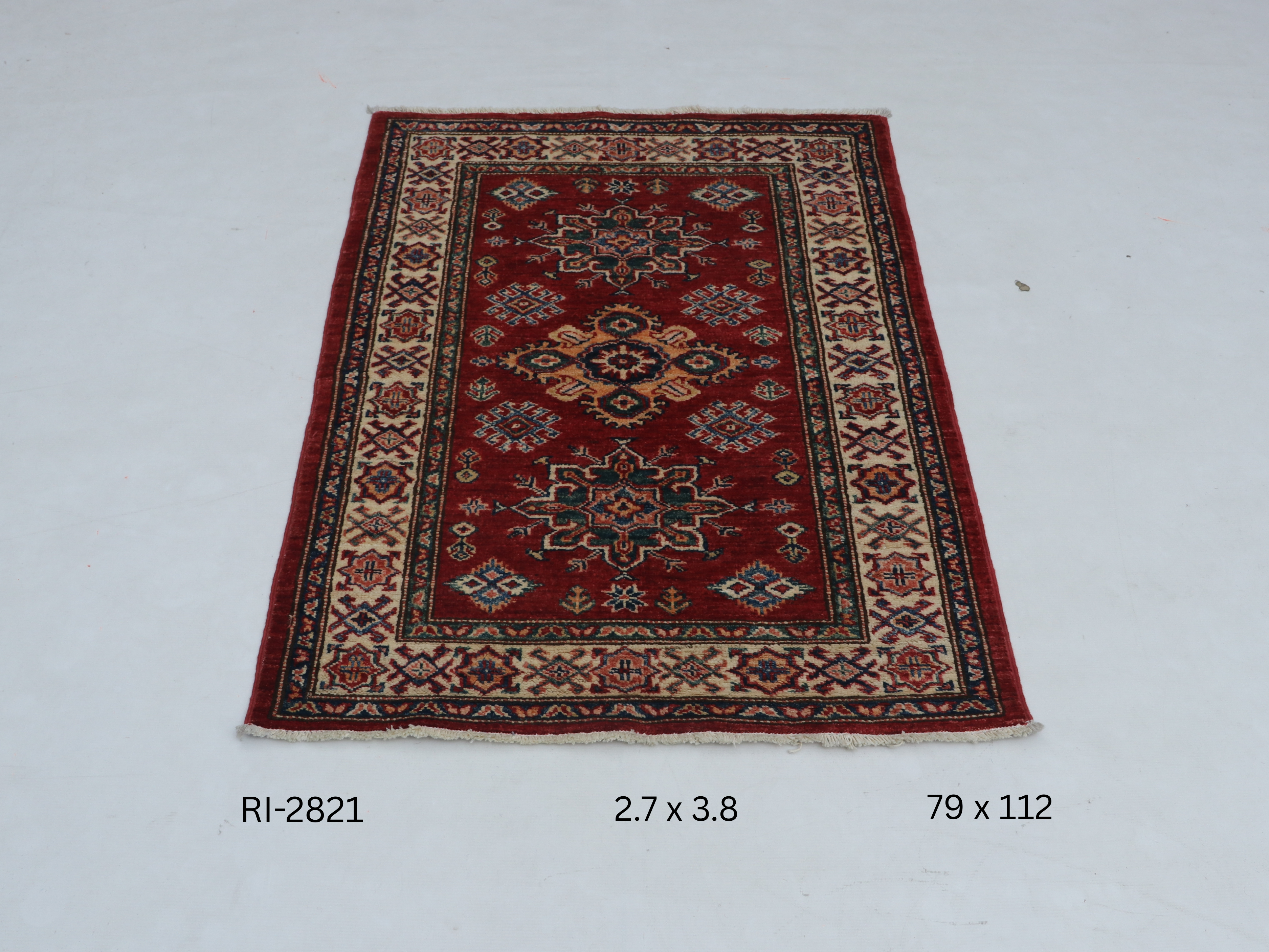 Red and beige Super Kazak handmade geometric cotton and wool rug