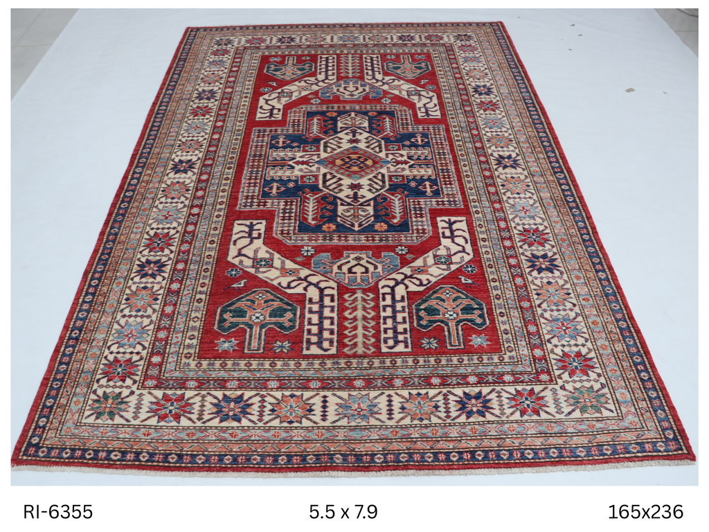 Beige and red Super Kazak handmade geometric cotton and wool rug