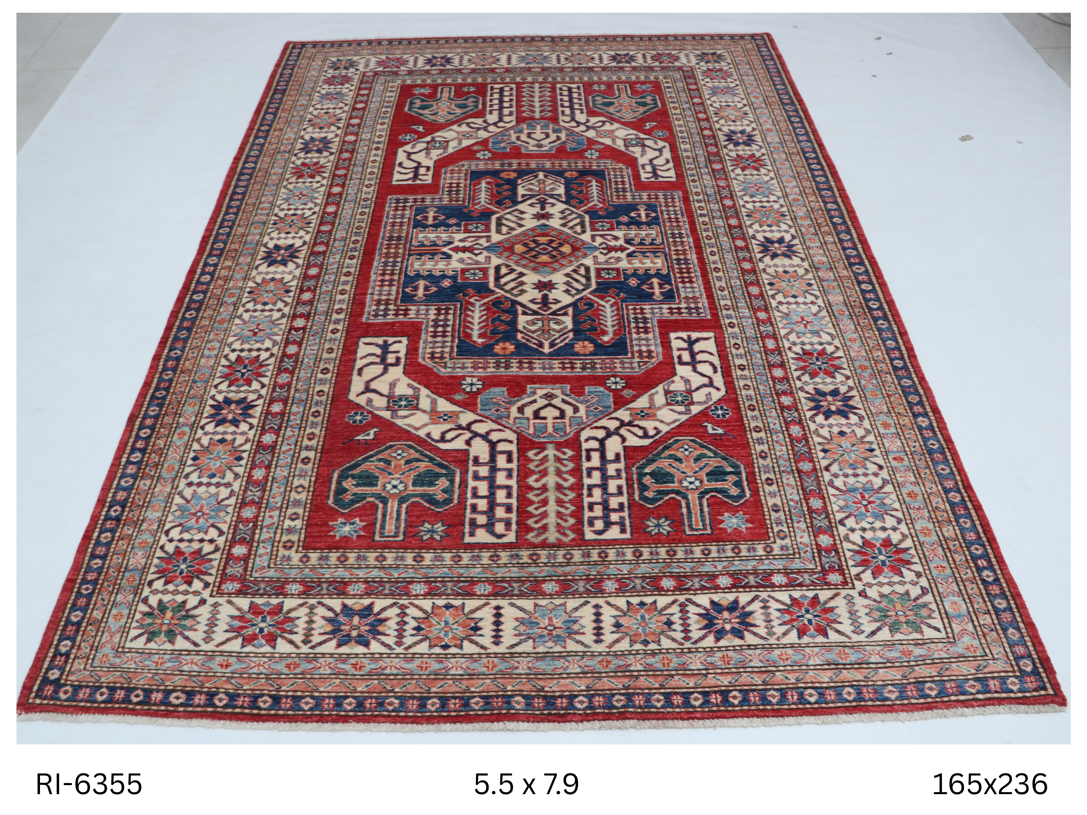 Beige and red Super Kazak handmade geometric cotton and wool rug